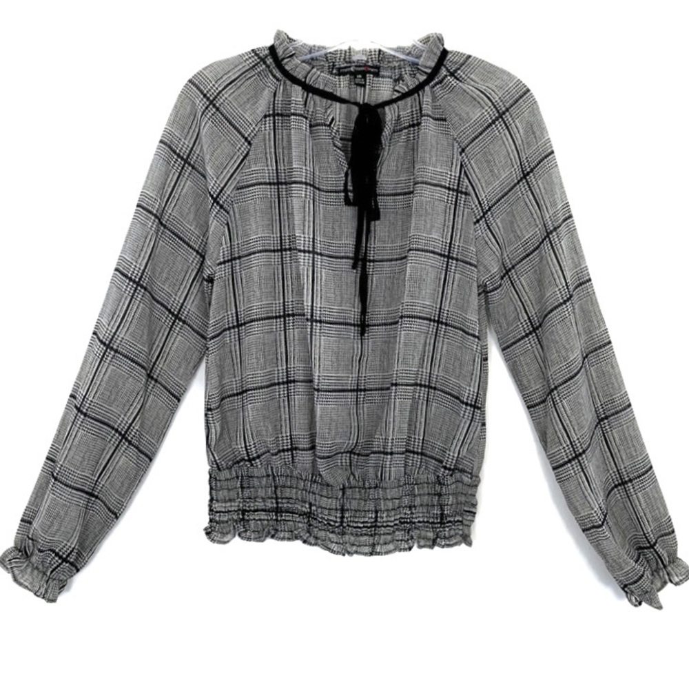 mm mm mm plaid semi-sheer blouse smocked hem
